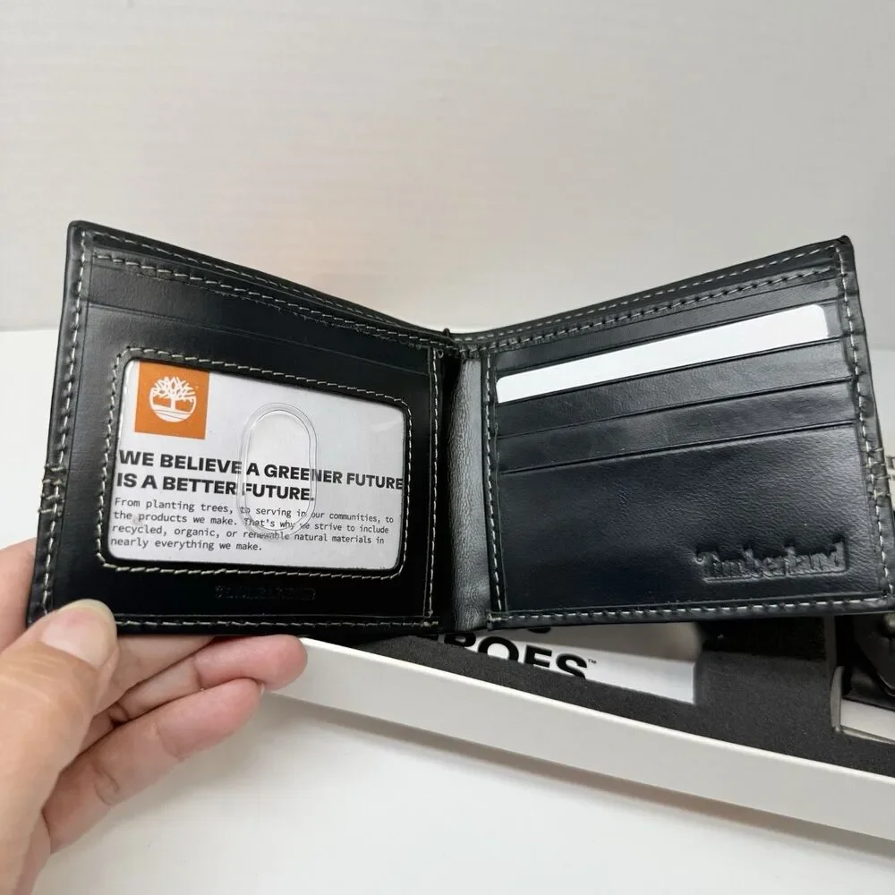 Timberland Black Leather Bifold Wallet With Matching Key Fob Gift Set New